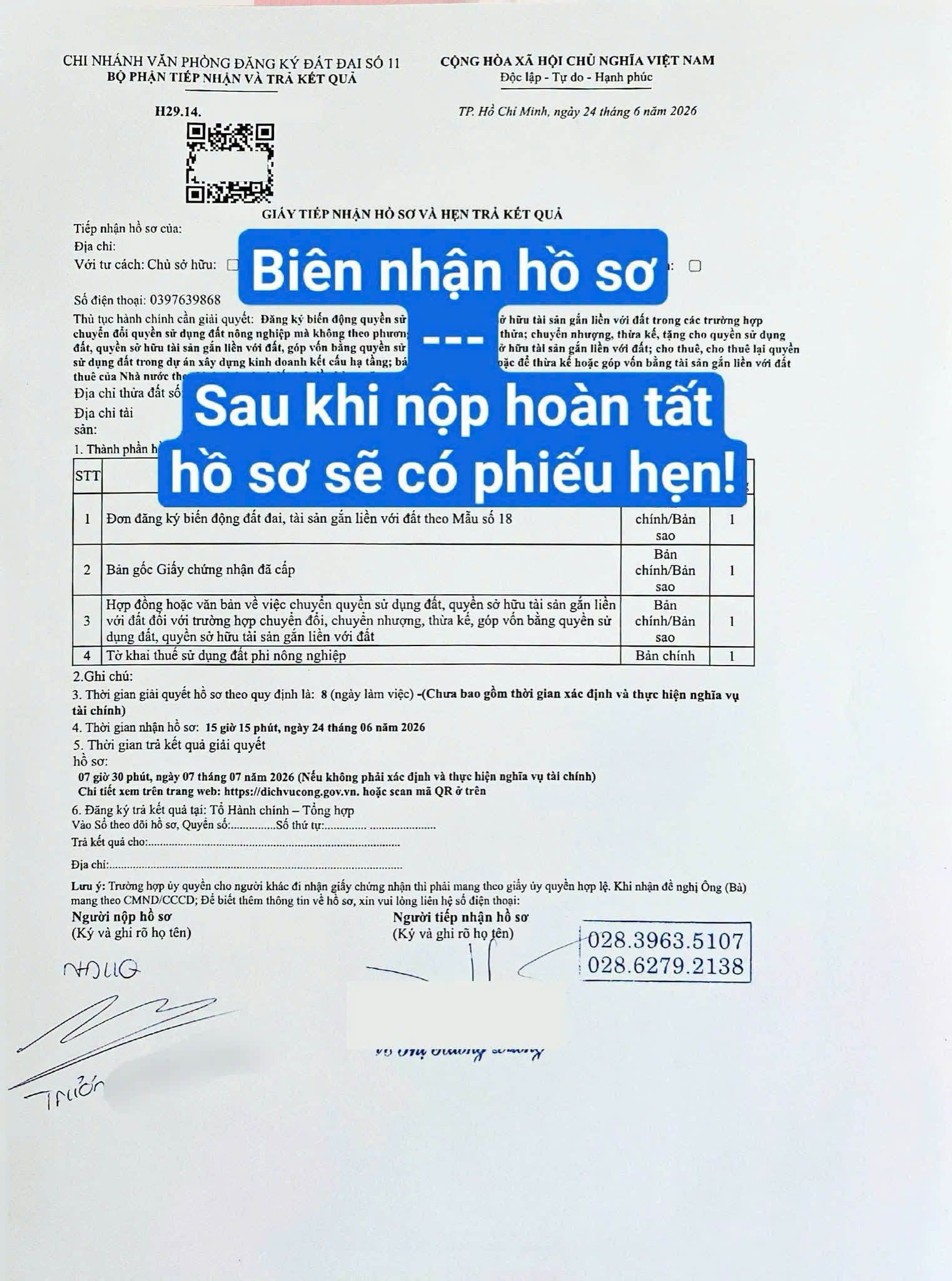 biên nhận hồ sơ cấp đổi sổ mới đăng bộ sang tên quận 11 sinhadep.vn