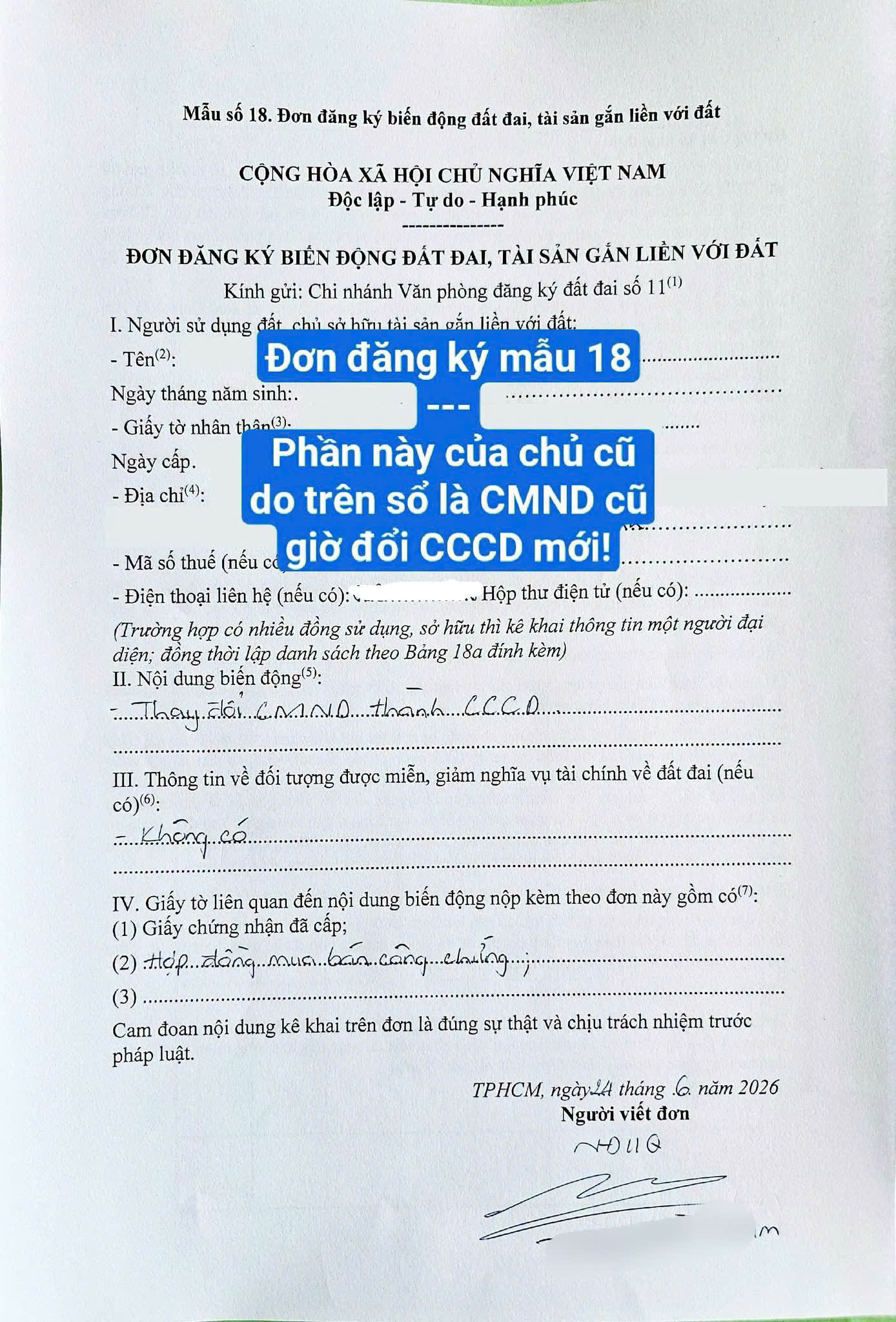 đơn đăng kí biến động đất đai, tài sản gắn liền với đất đổi cmnd thành cccd hồ sơ cấp đổi sổ mới đăng bộ sang tên quận 11 sinhadep.vn