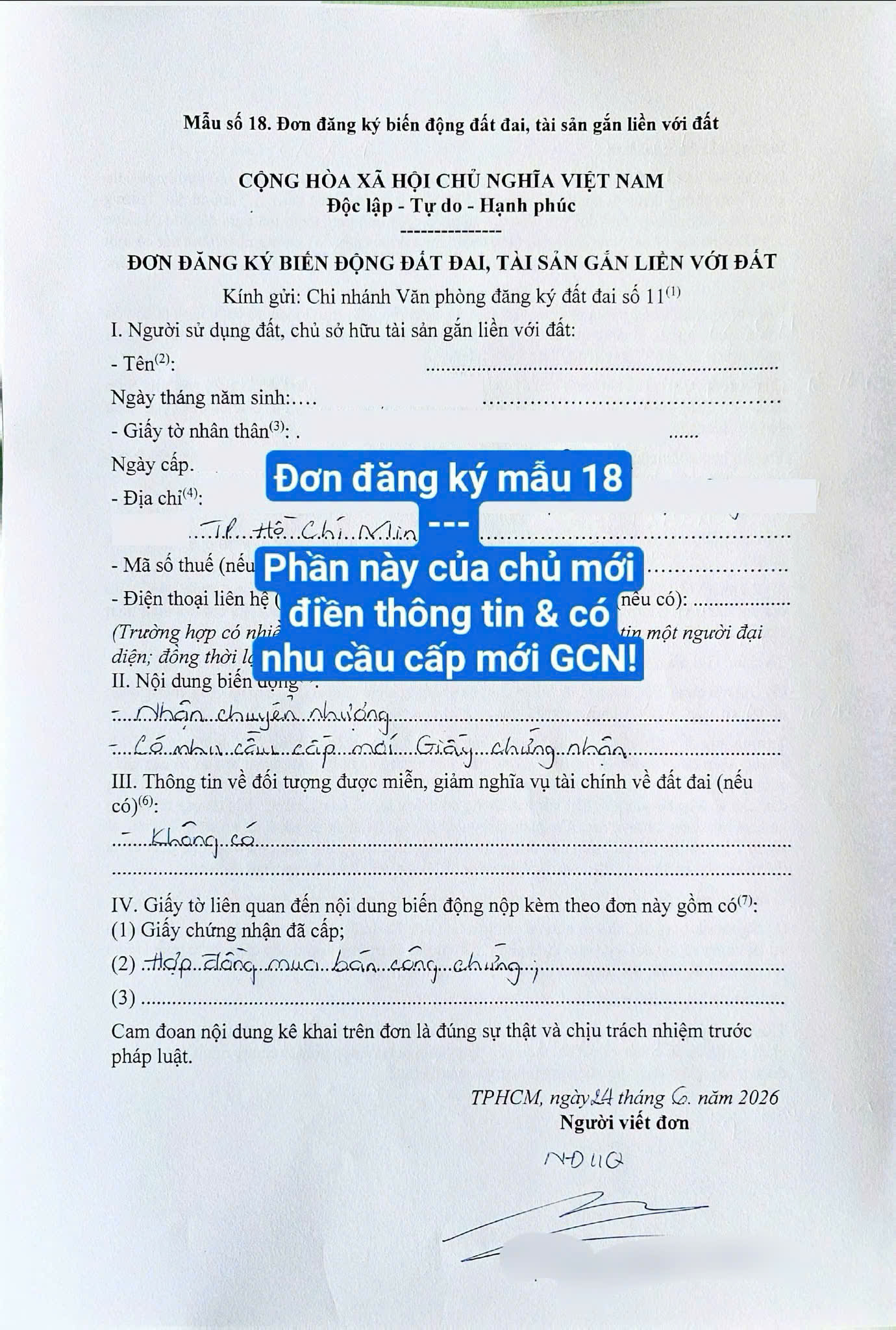 đơn đăng kí biến động đất đai, tài sản gắn liền với đất hồ sơ cấp đổi sổ mới đăng bộ sang tên quận 11 sinhadep.vn