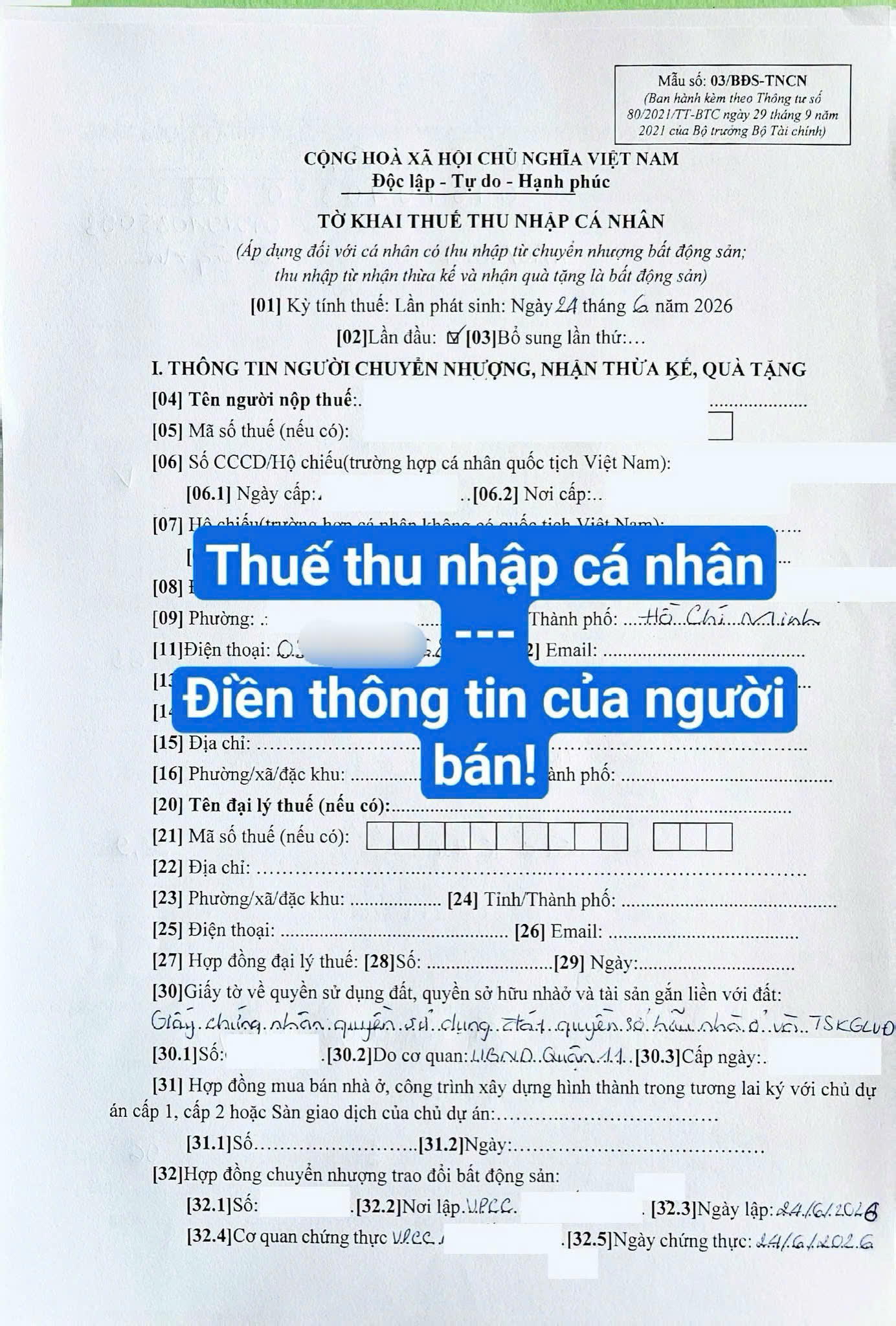 thuế thu nhập cá nhân hồ sơ cấp đổi sổ mới đăng bộ sang tên quận 11 sinhadep.vn