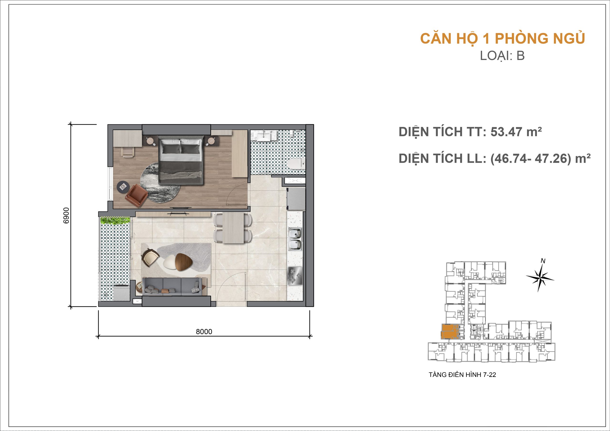 Thiết kế căn hộ 1 phòng ngủ loại B mặt tiền Đỗ Ngọc Thạnh tại Legacy 66 Tân Thành Chợ Lớn Quận 5 