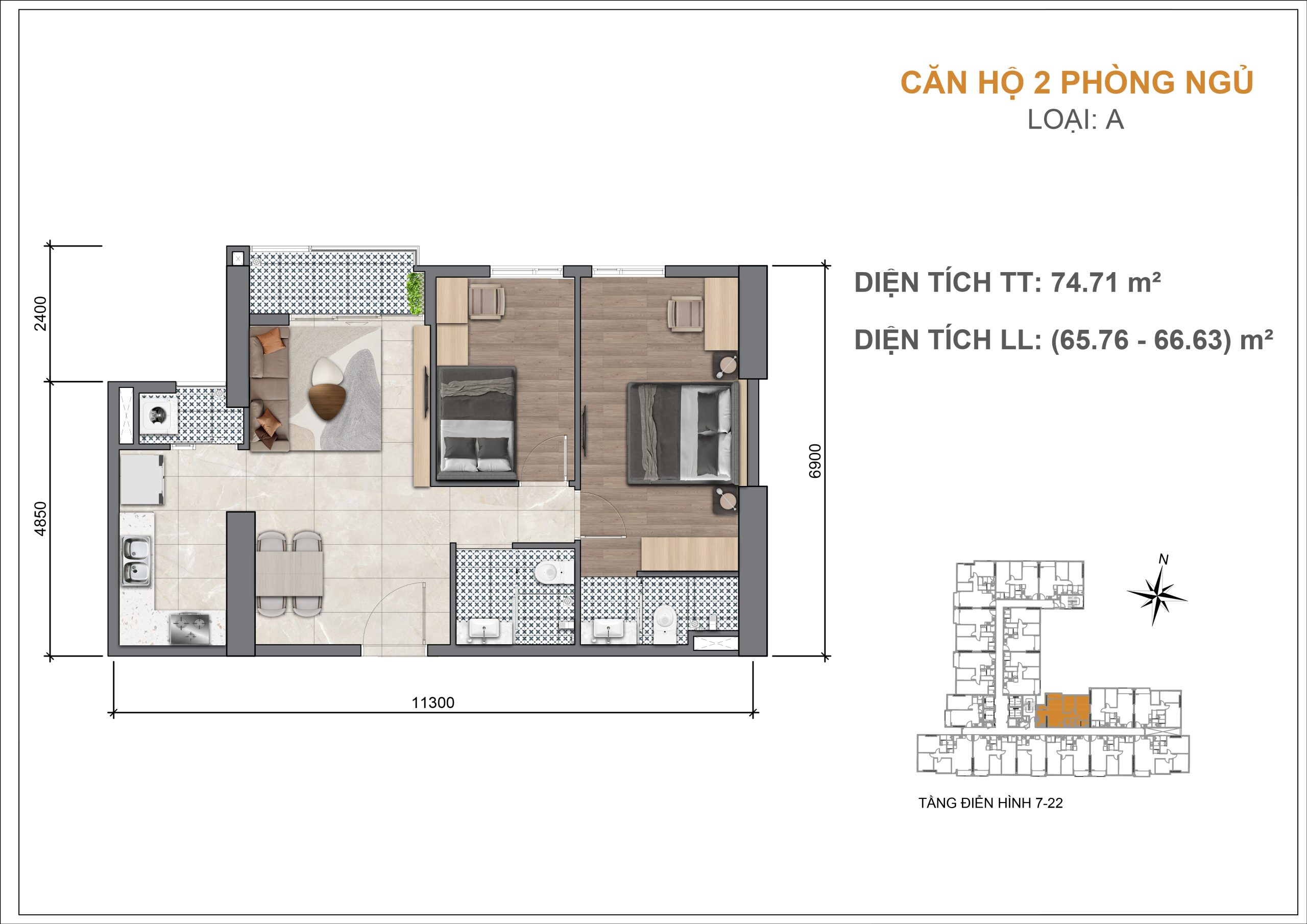 Thiết kế căn hộ 2 phòng ngủ mặt tiền Đỗ Ngọc Thạnh tại Legacy 66 Tân Thành Chợ Lớn Quận 5 