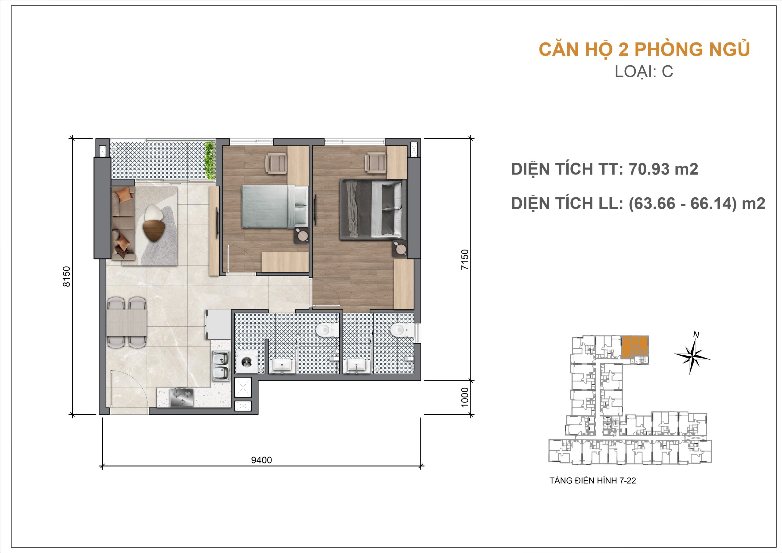 Thiết kế căn hộ 2 phòng ngủ mặt tiền Đỗ Ngọc Thạnh tại Legacy 66 Tân Thành Chợ Lớn Quận 5 