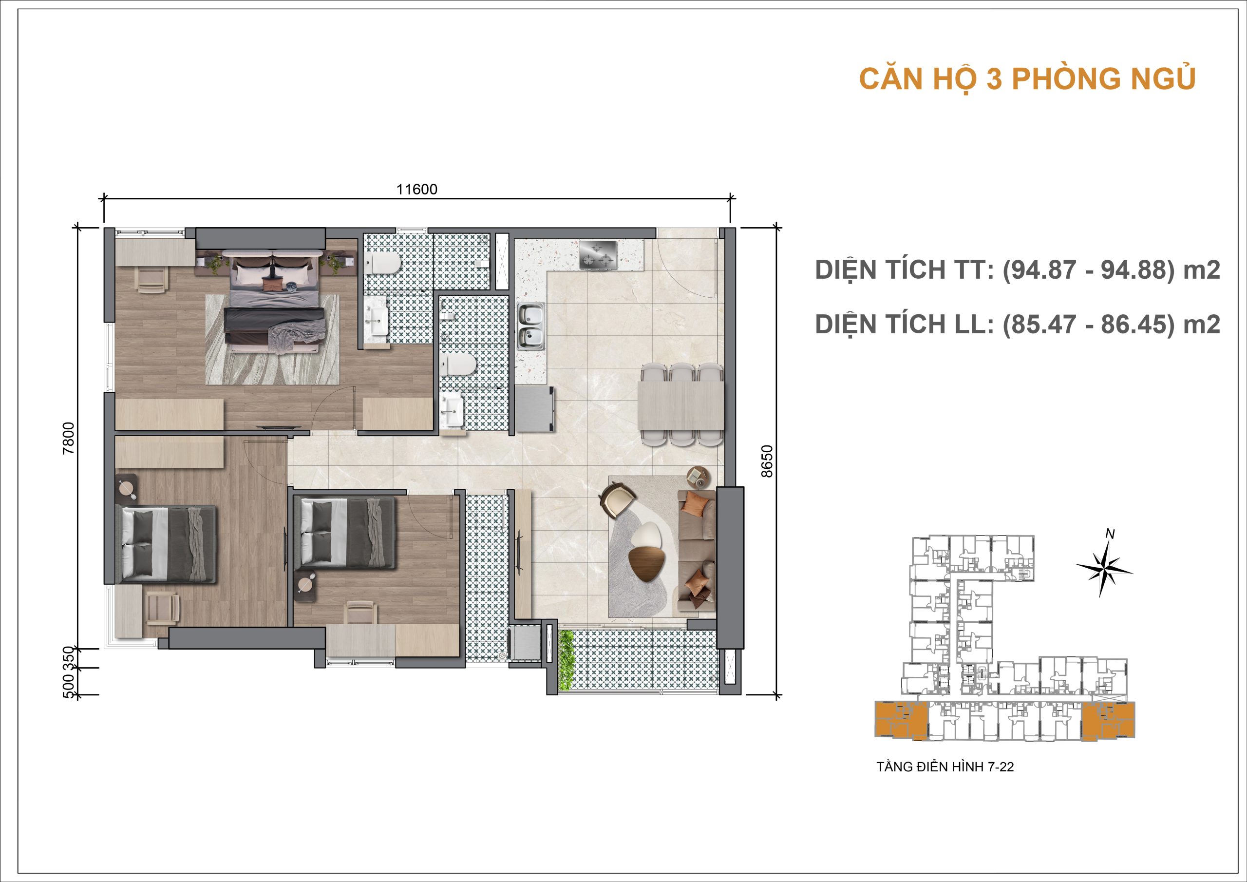 Thiết kế căn hộ 3 phòng ngủ góc 2 mặt thoáng tại Legacy 66 Tân Thành Chợ Lớn Quận 5 